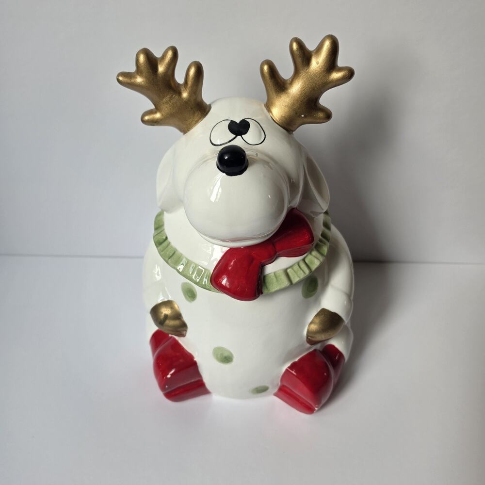 Vintage World Bazaar Cookie Jar Ceramic Hand Painted Deer Reindeer With Lid READ